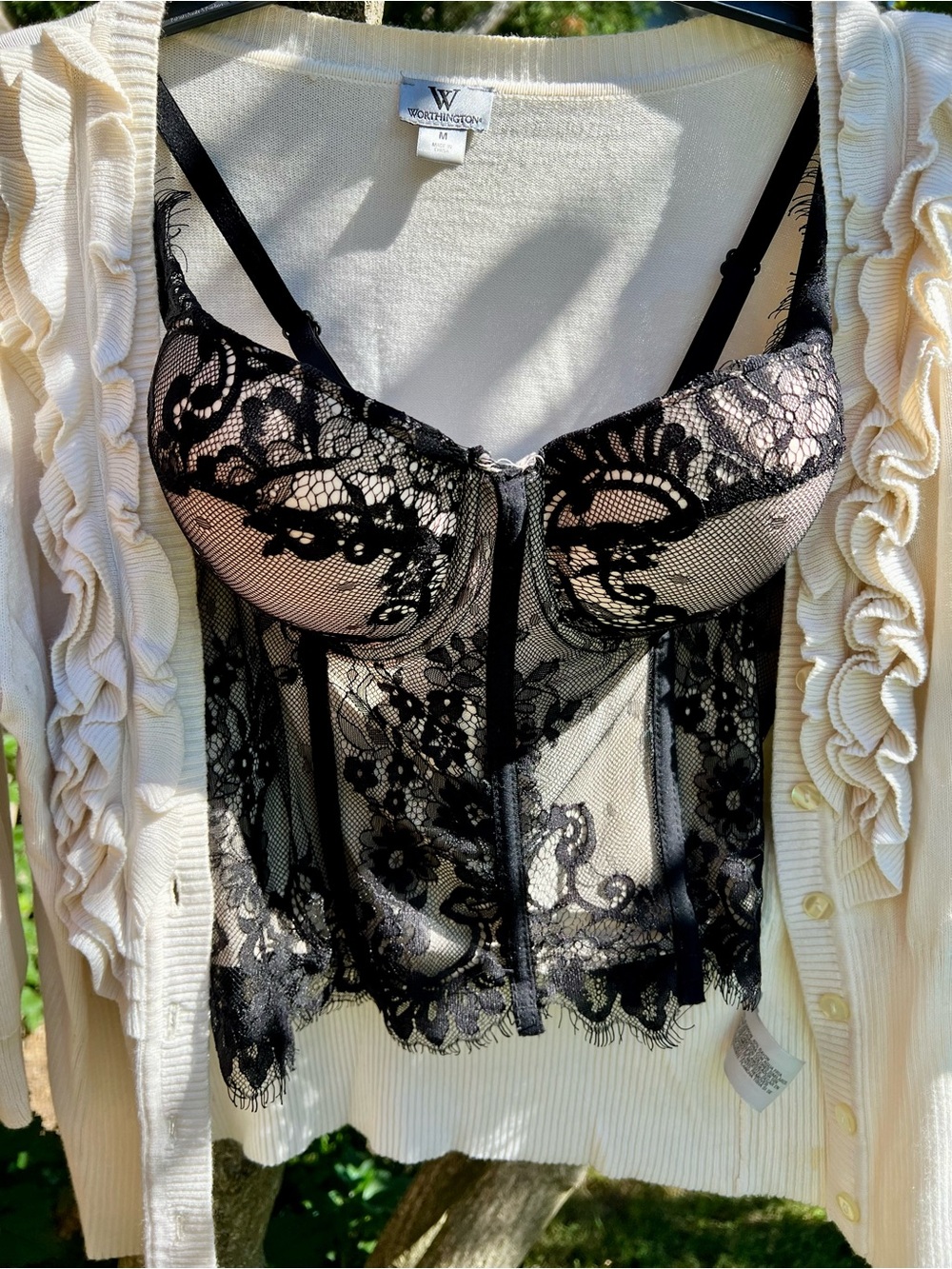 Victorias Secret 38 D corset bustier black soft eyelash illusion nude lace L/XL
